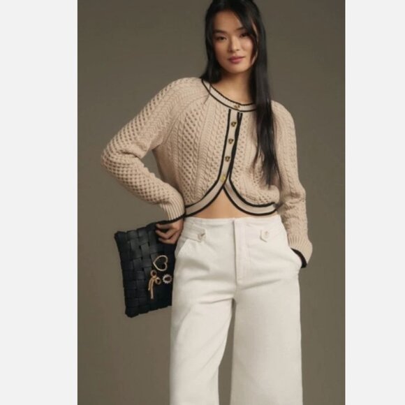 J Crew Cropped Cable-Knit Sweater Lady Jacket Women’s Size Medium Black Trim EUC - Picture 10 of 10